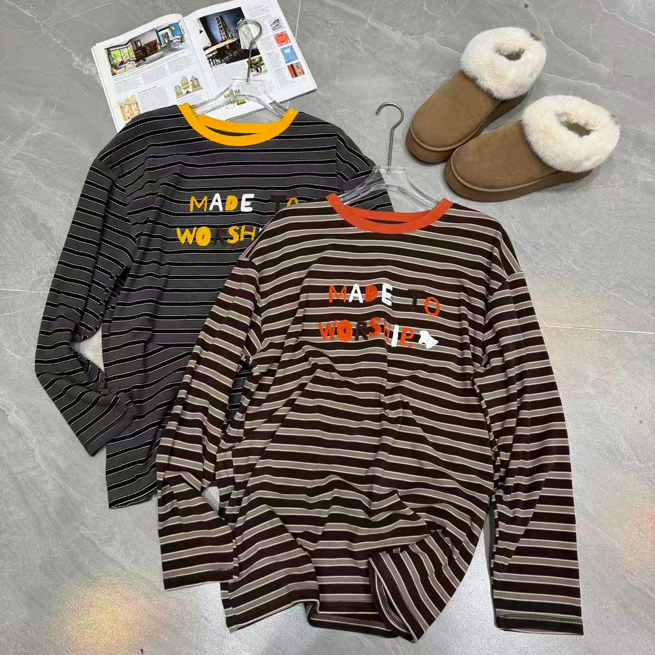 Manmi    撞色领口字母毛巾绣双面绒条纹T   9853（C3）