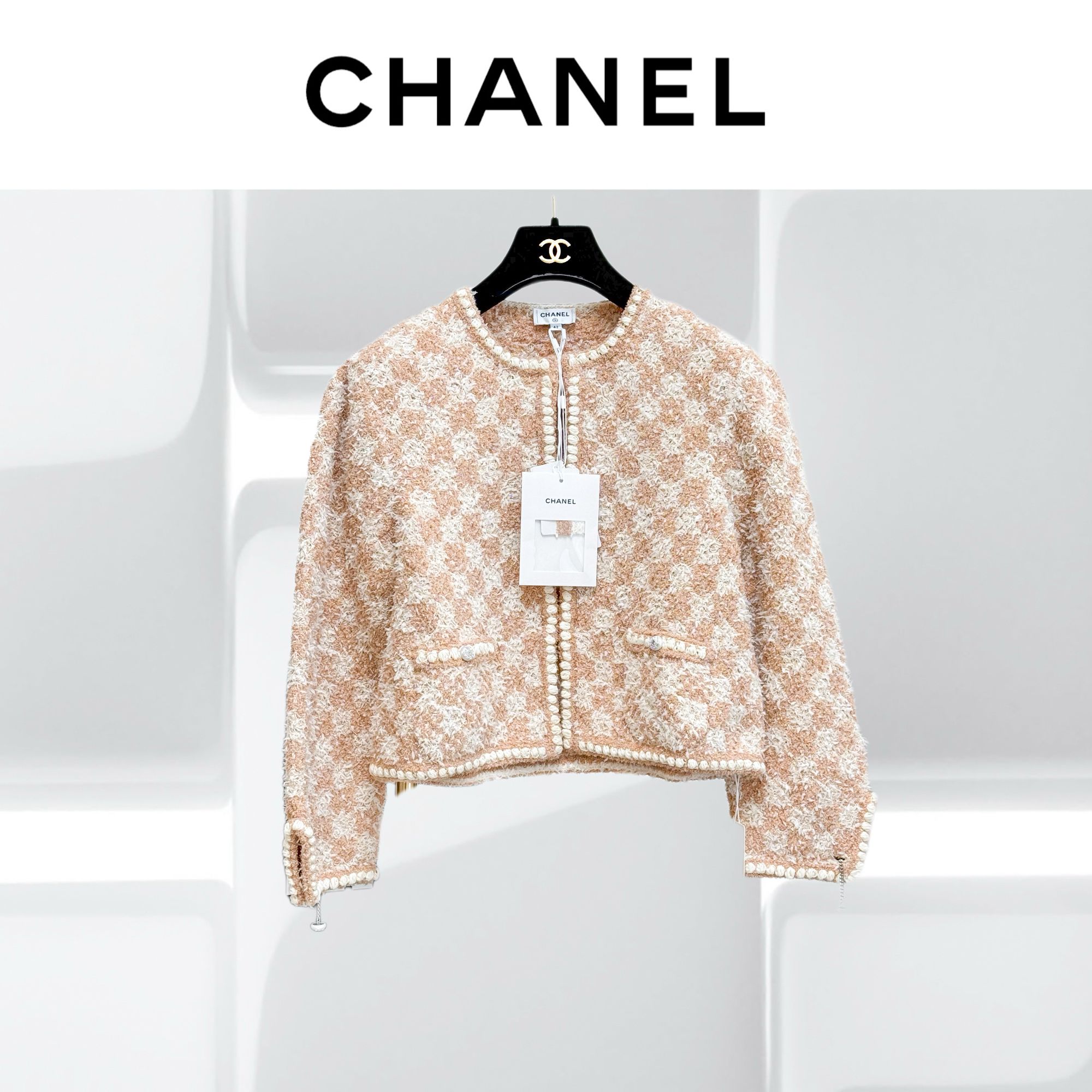 99新 Chanel/香奈儿 42码23S橘色拼白色格子针织钻扣开衫  