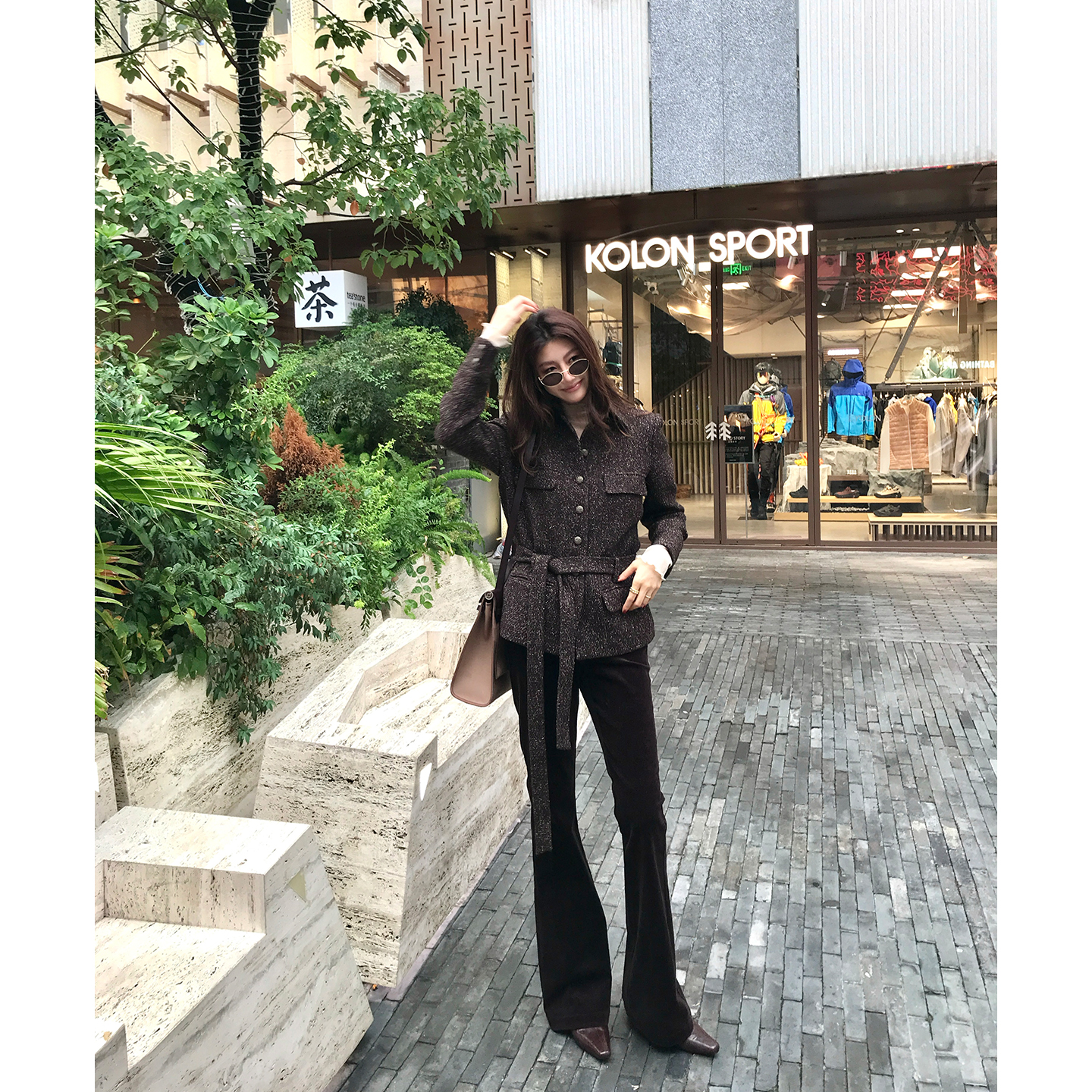 【ALONE SAVOR】龍喜儿 法玛斯 复古咖色修身显瘦高腰喇叭裤J435