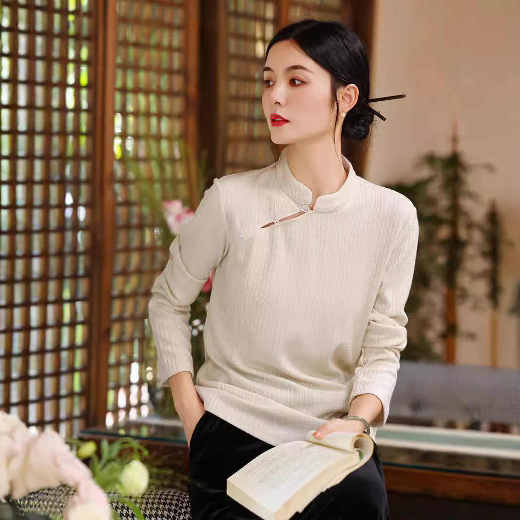 新中式国风上衣女2024秋季新款时尚立领斜襟盘扣提花宽松显瘦收腰