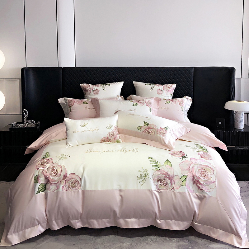 轻奢全棉新疆长绒棉简约四件套美式绣花时尚床单床上刺绣被套床品