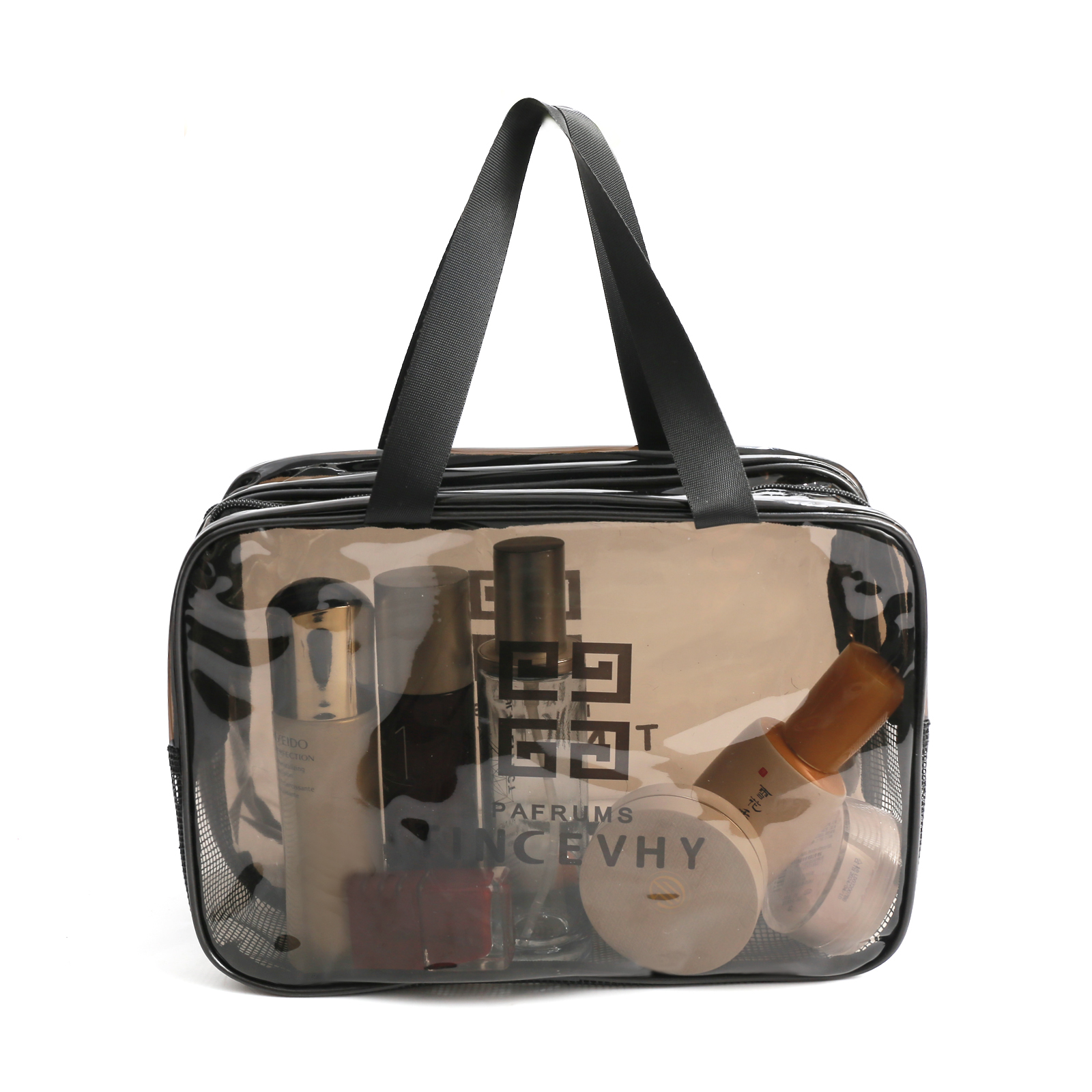 便携PVC收纳袋洗漱包干湿分离透明轻奢黑色大号双层大容量