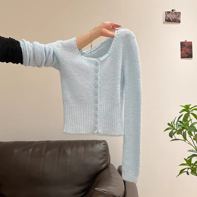 春秋季开衫上衣蕾丝拼接修身打底内搭显瘦高级感独特长袖针织衫女