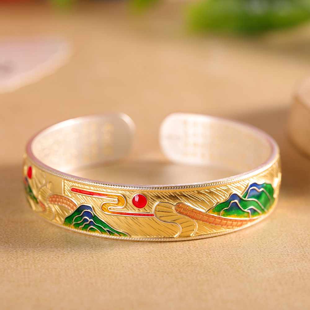 足银手镯 999润土匠心描金烧蓝千里江山手饰新中式民族风手镯rp