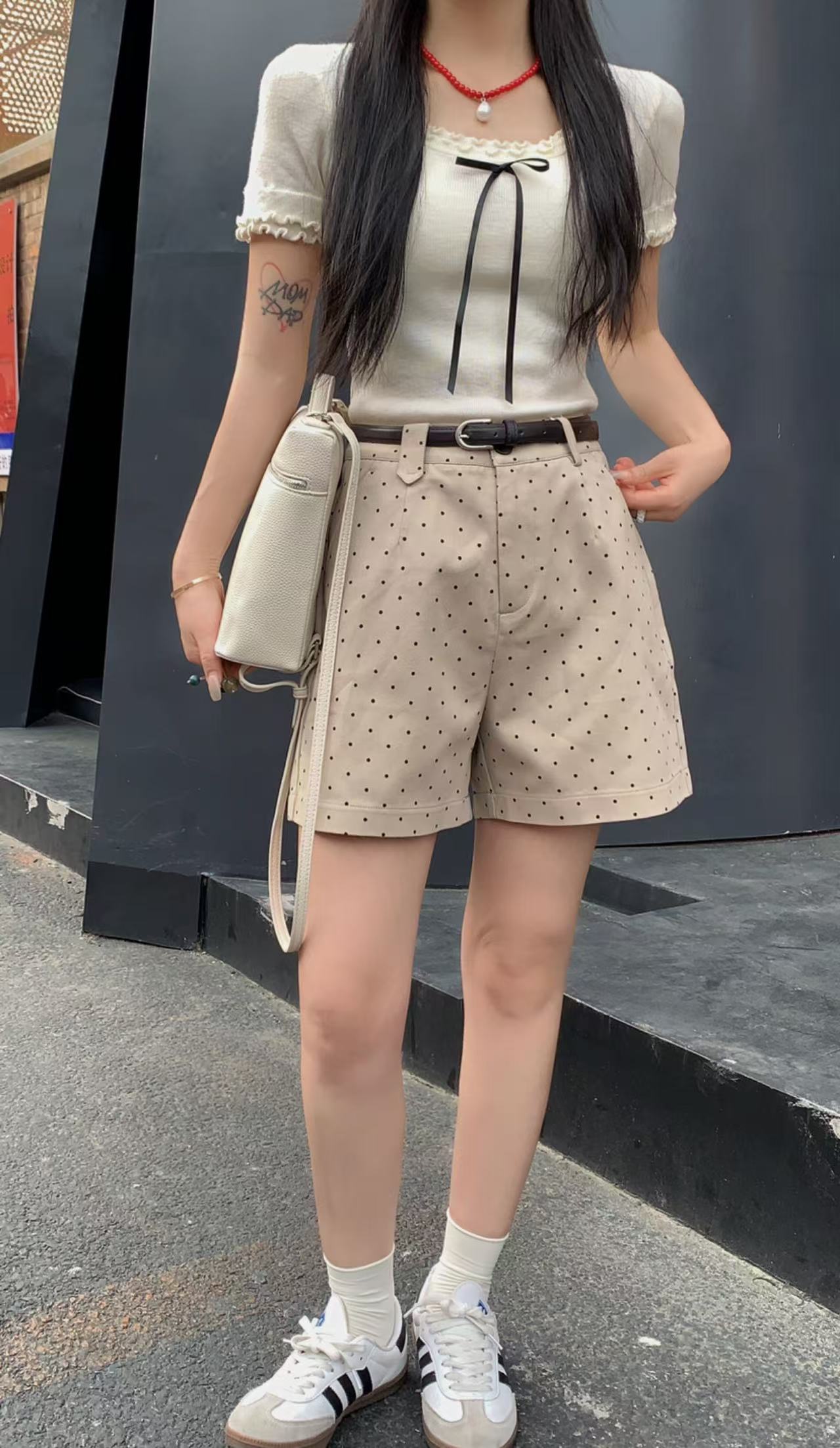 夏季薄款宽松百搭高腰显瘦小波点直筒阔腿五分短裤H5119