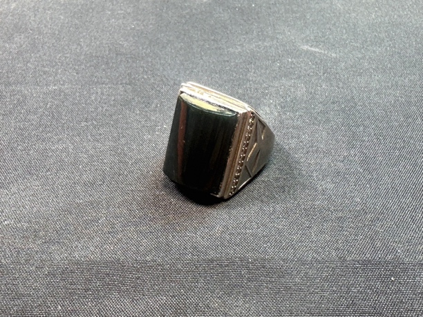 【和田玉墨玉925银镶】无事牌大板戒时尚大气上档次男士开口戒指