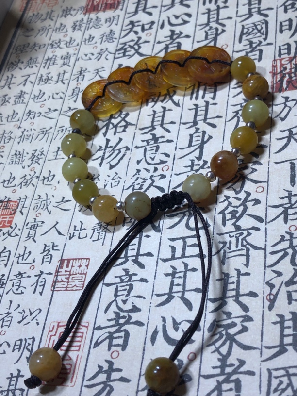 岫玉花玉五帝钱手链