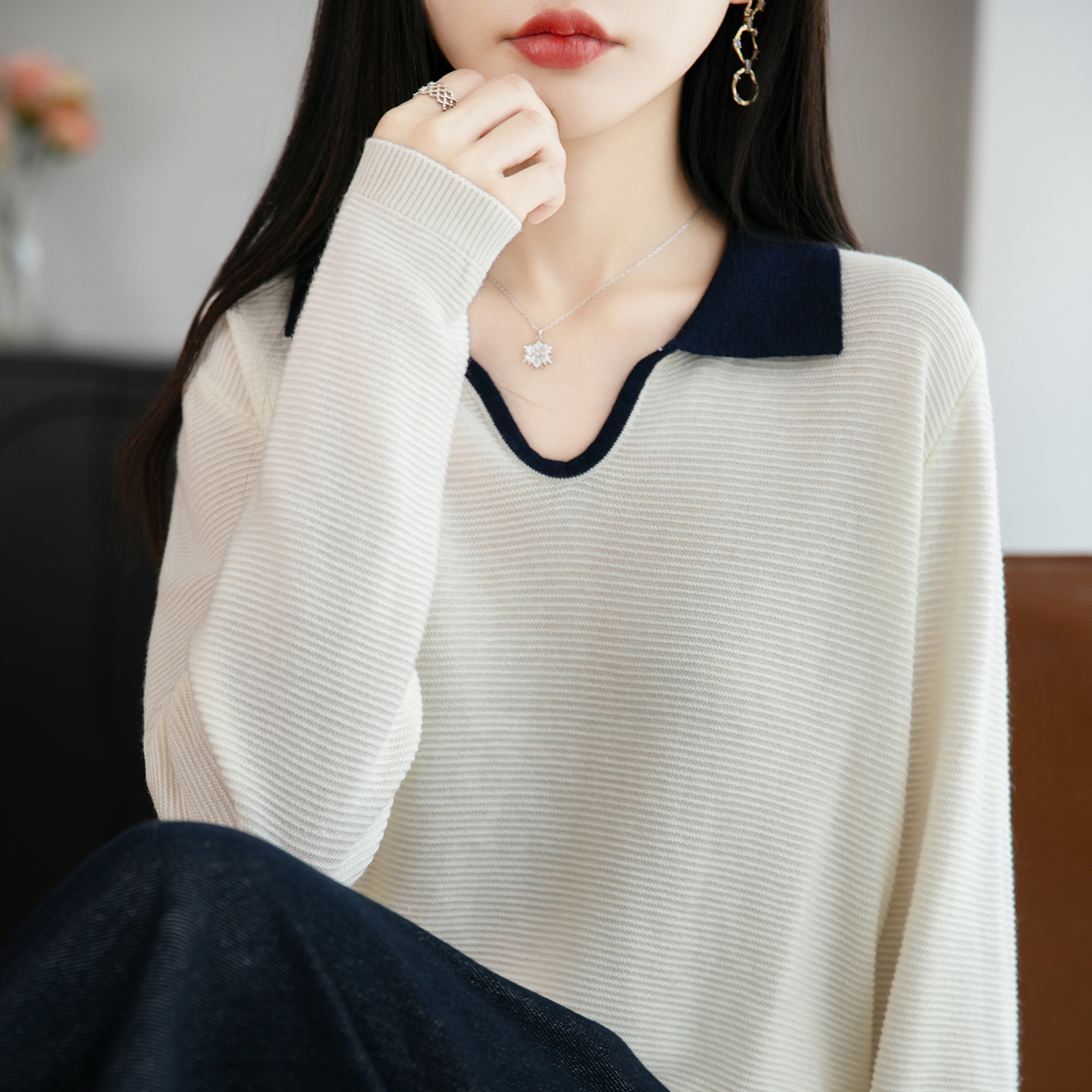 【柔软~亲肤】U型翻领纯色精纺羊毛针织衫时尚百搭长袖女套头内搭