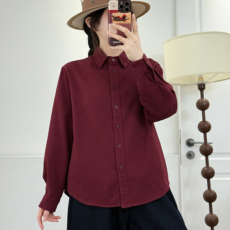 【多多外贸小号】秋冬款斜纹磨毛朱砂红色长袖女士衬衫复古气质上衣