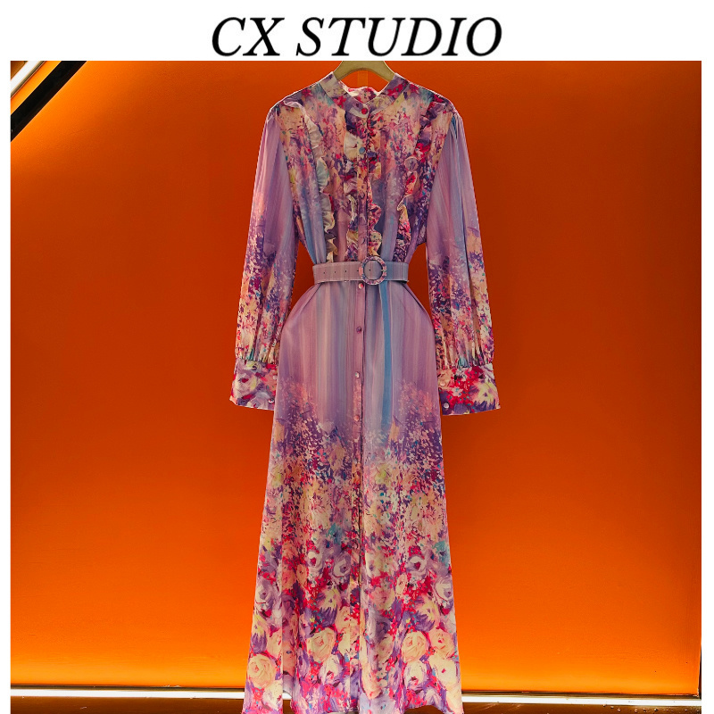 新款法式穿搭度假风立领灯笼袖波浪边印花长款连衣裙GL1725