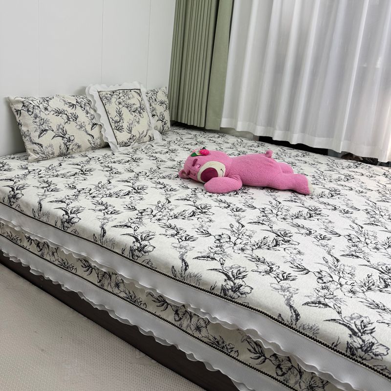 新款山茶花黑色榻榻米床盖炕盖雪尼尔面料定制农村大炕罩子防滑