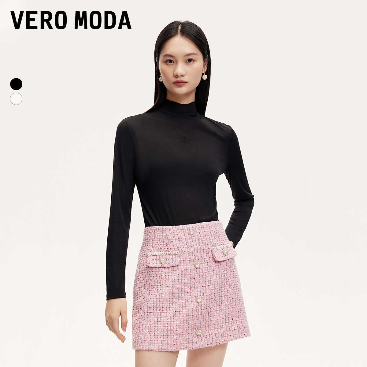 Vero ModaT恤女早秋新款木耳边半高领刺绣修身百搭洋气小众炸街