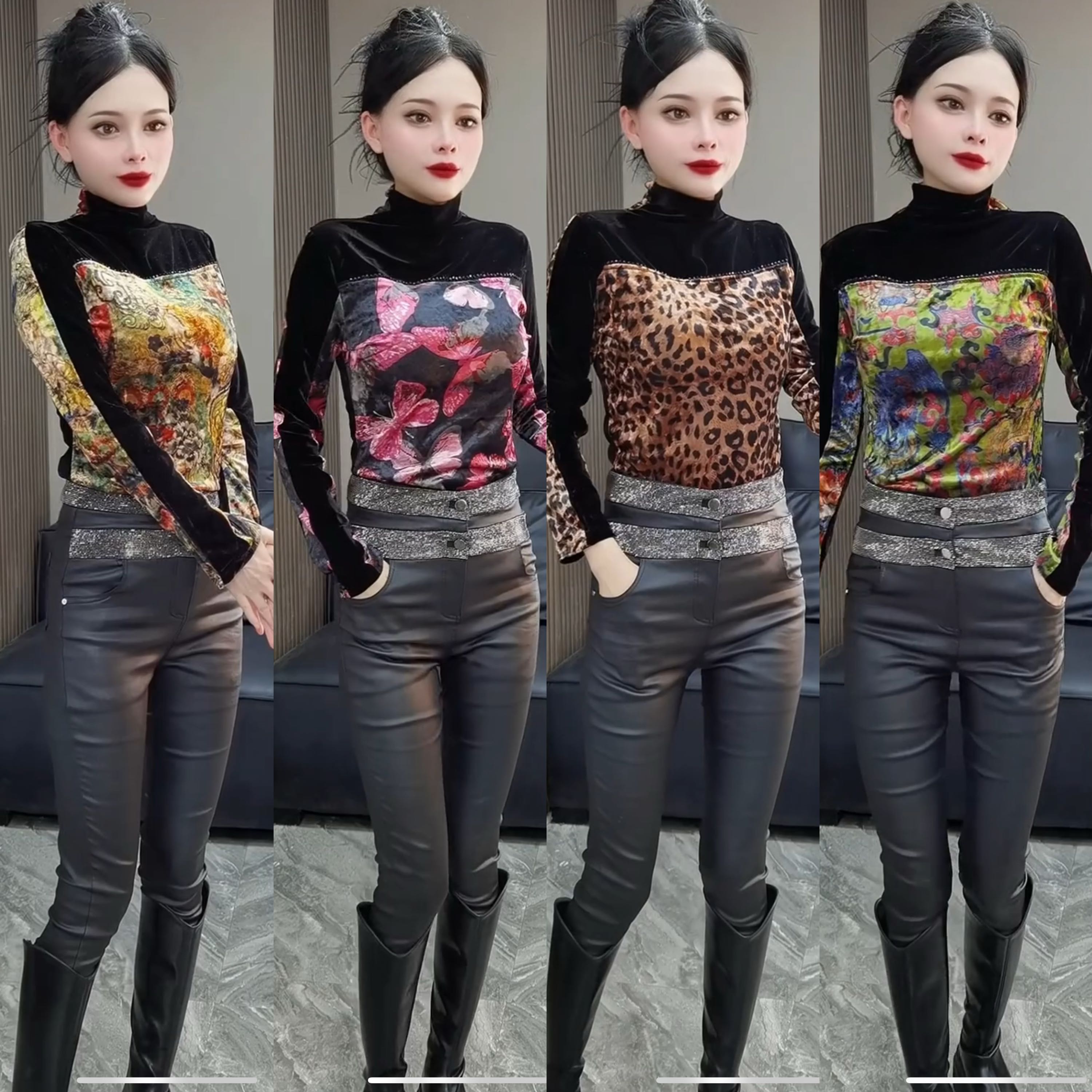 7471#P钉珠印花新款设计感时尚拼接两面穿高领小衫百搭显瘦上衣