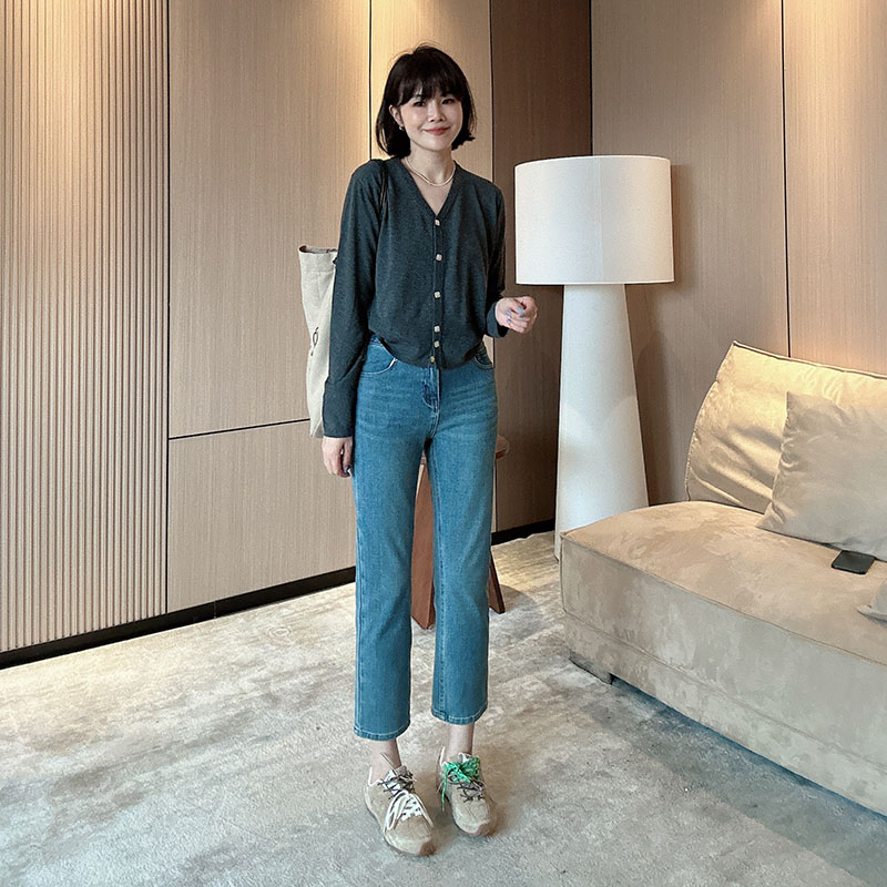 复古直筒牛仔裤高腰显瘦小个子九分弹力烟管裤法棍裤