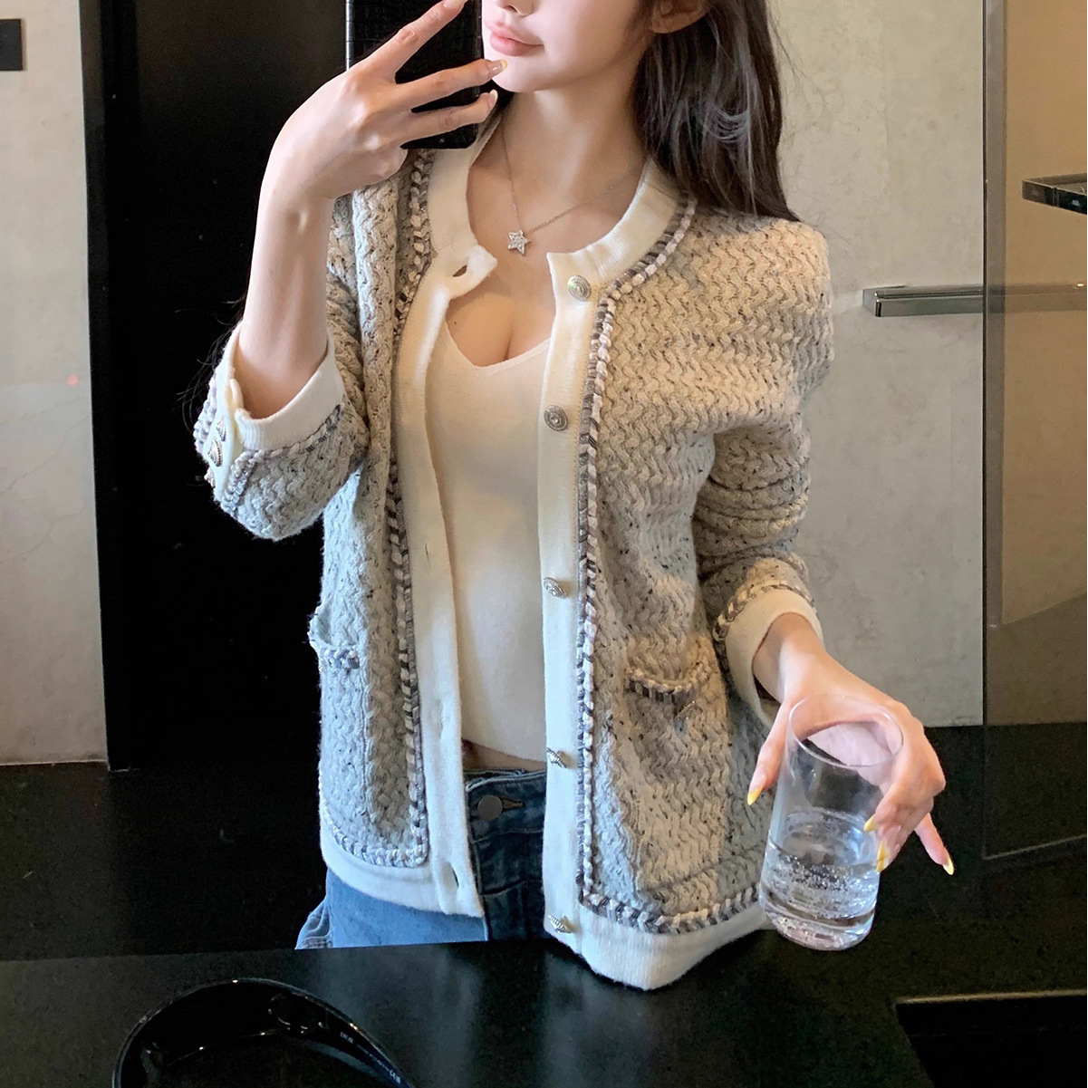 银灰色混织镶边百搭针织开衫外套上衣针织衫LV3487