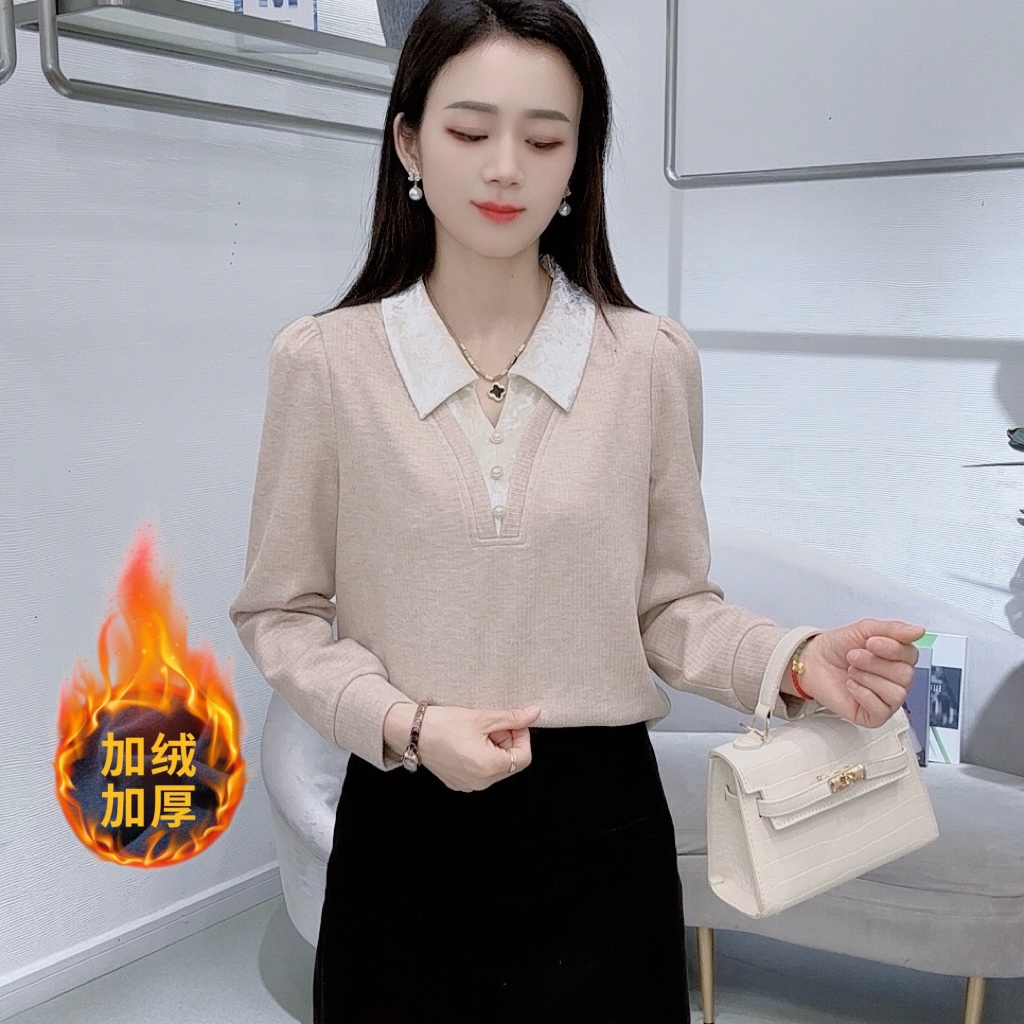 A7878法式长袖打底衫女冬季新款加绒洋气显瘦加绒上衣