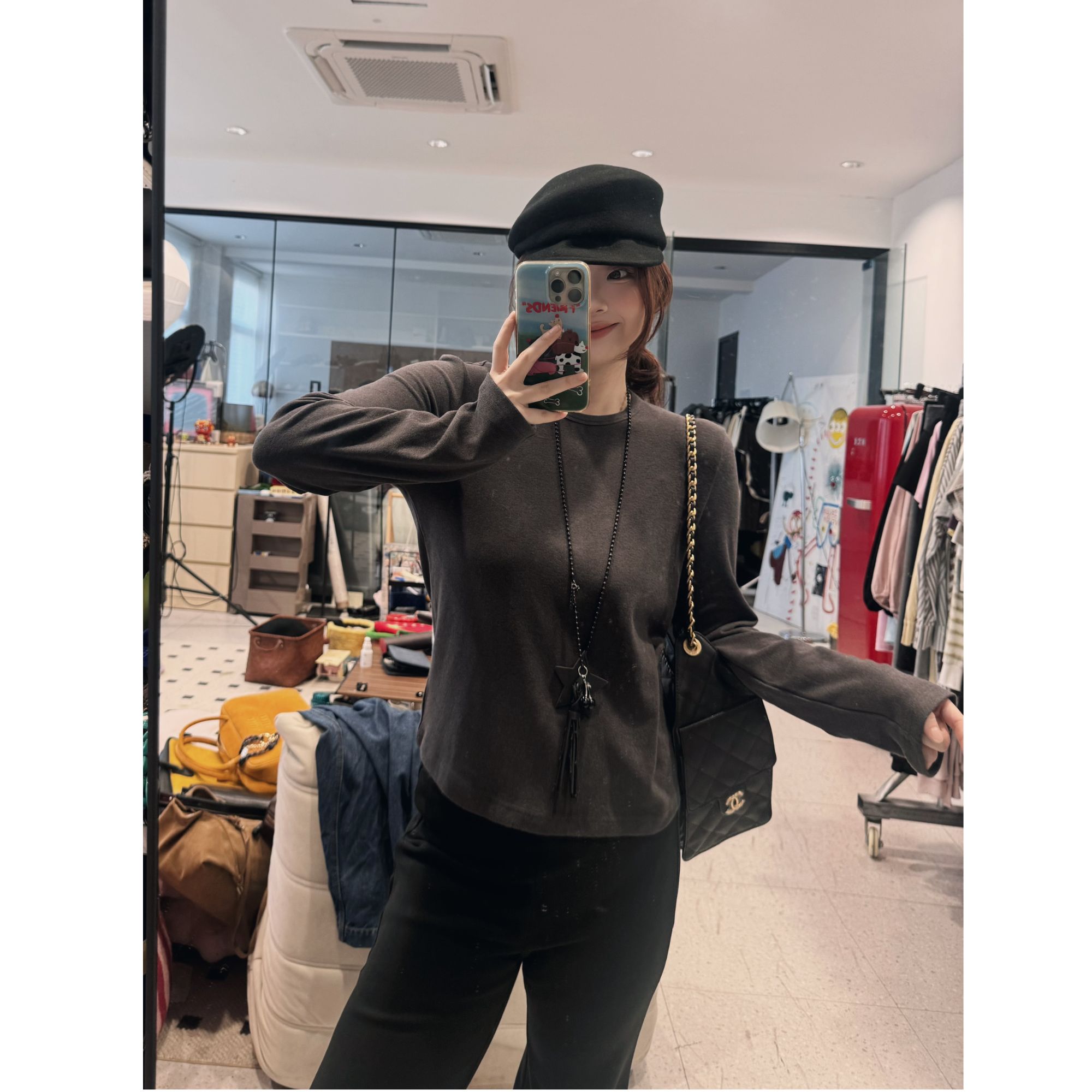 晶咕【保暖对策】后背明线圆领修身正肩打底长袖上衣