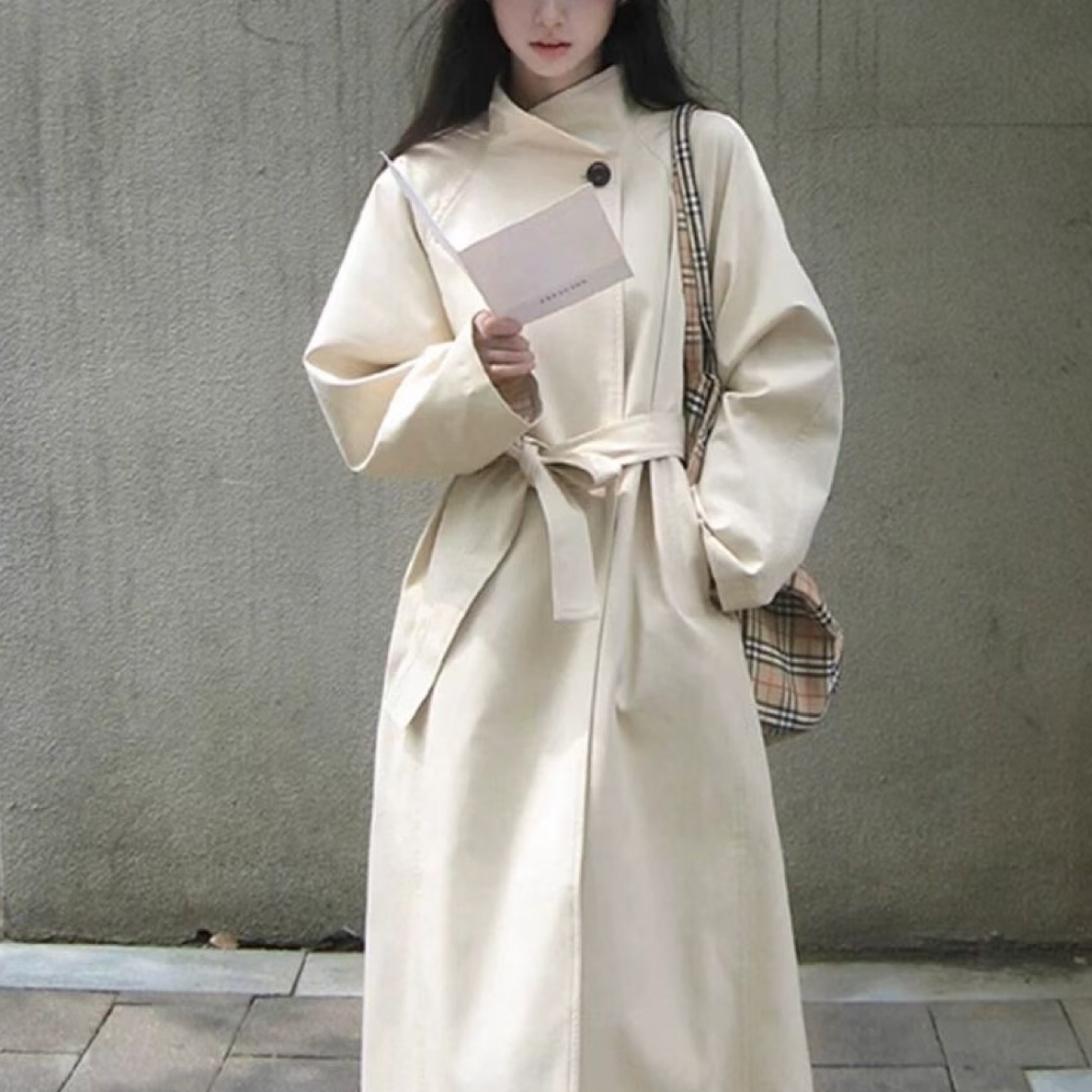 2195韩系宽松百搭中长款女士春秋风衣外套系带收腰小个子适用