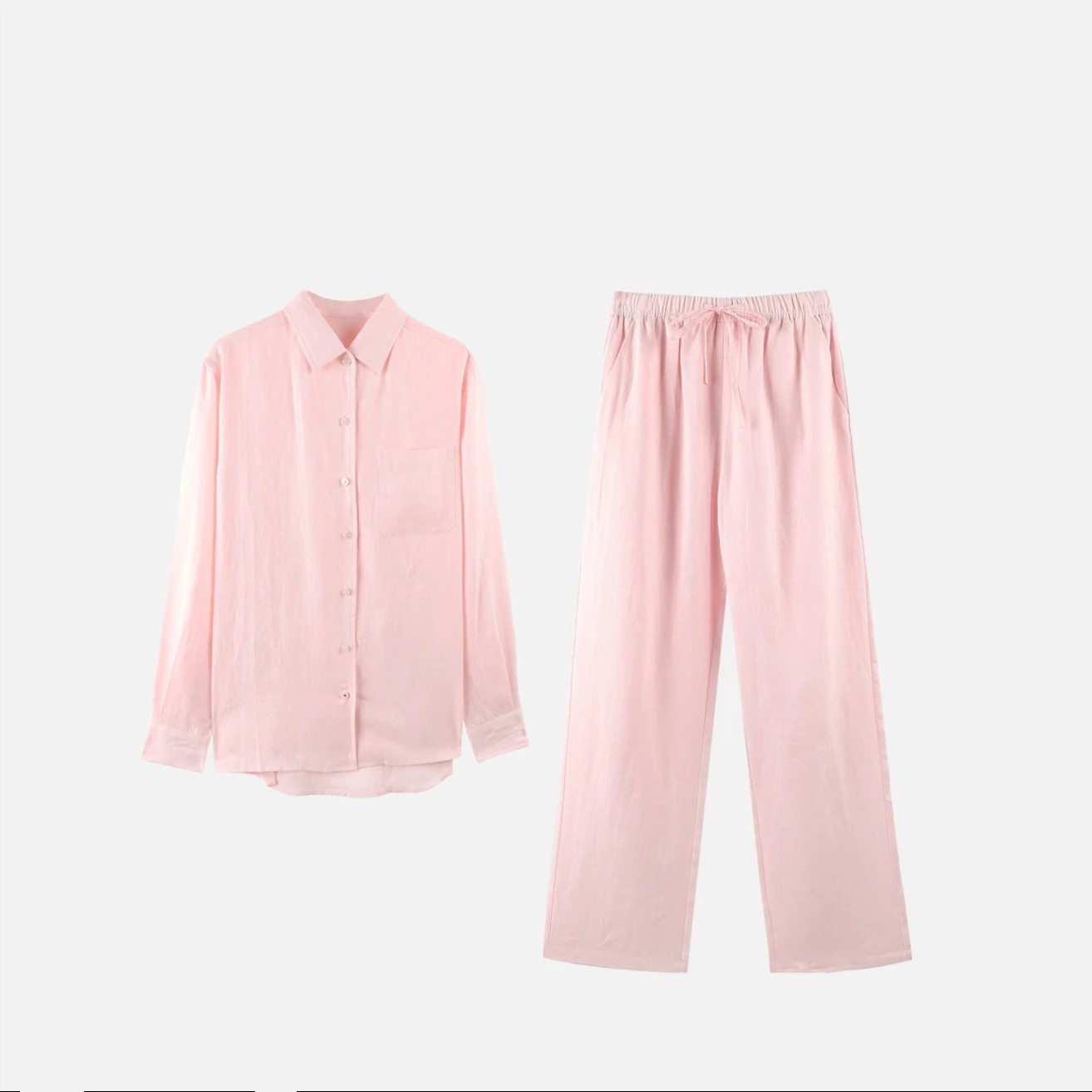 MC“樱花粉”宽松百搭显瘦休闲长袖衬衫松紧腰阔腿裤亚麻套装秋冬