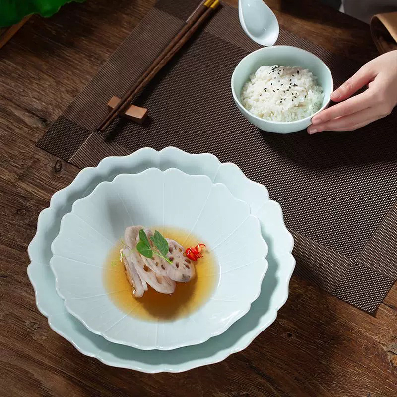 9寸莲心小脚碗创意影青（高白）家用陶瓷汝窑青瓷手工简约盘子复古