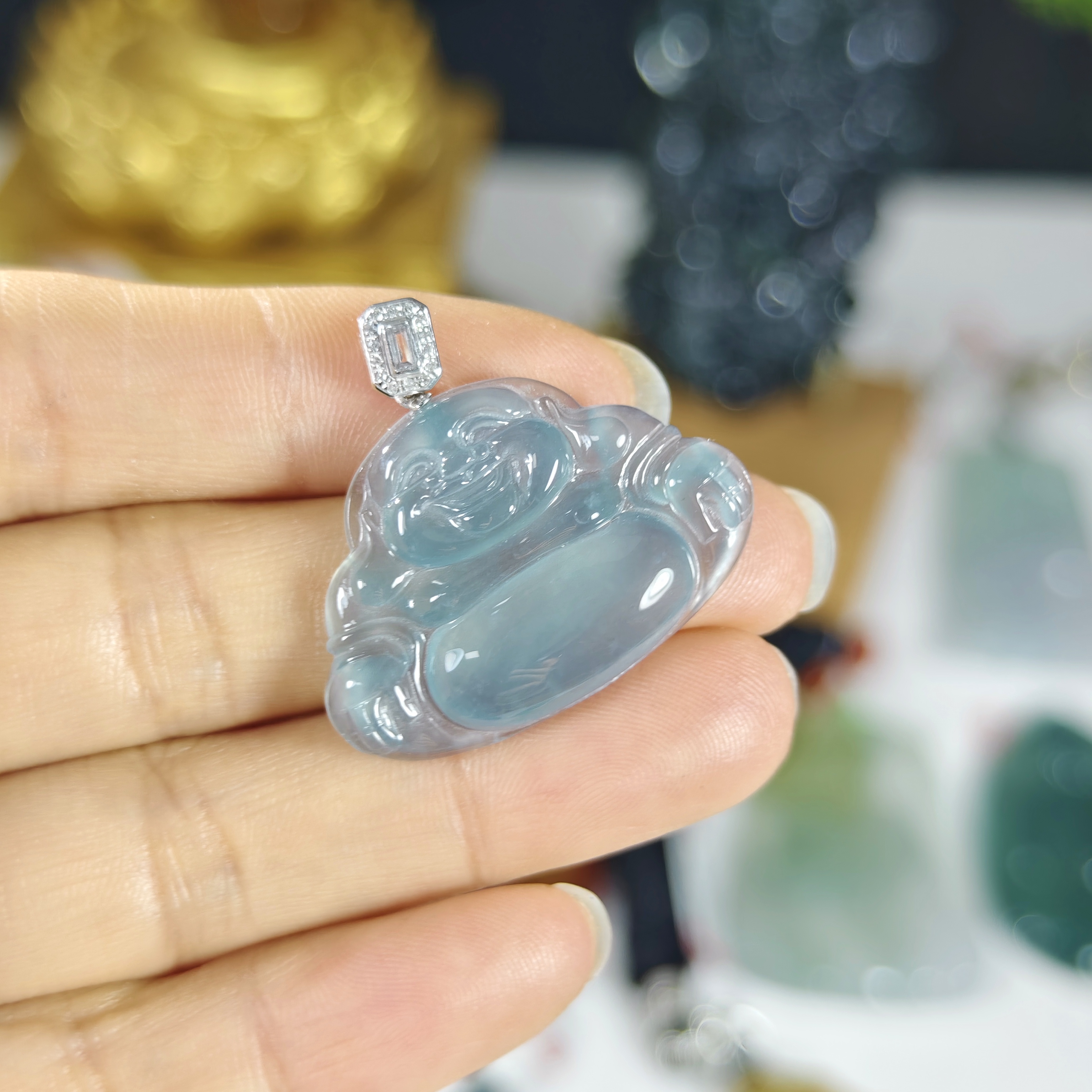 天然a货翡翠冰种18k金镶嵌佛公