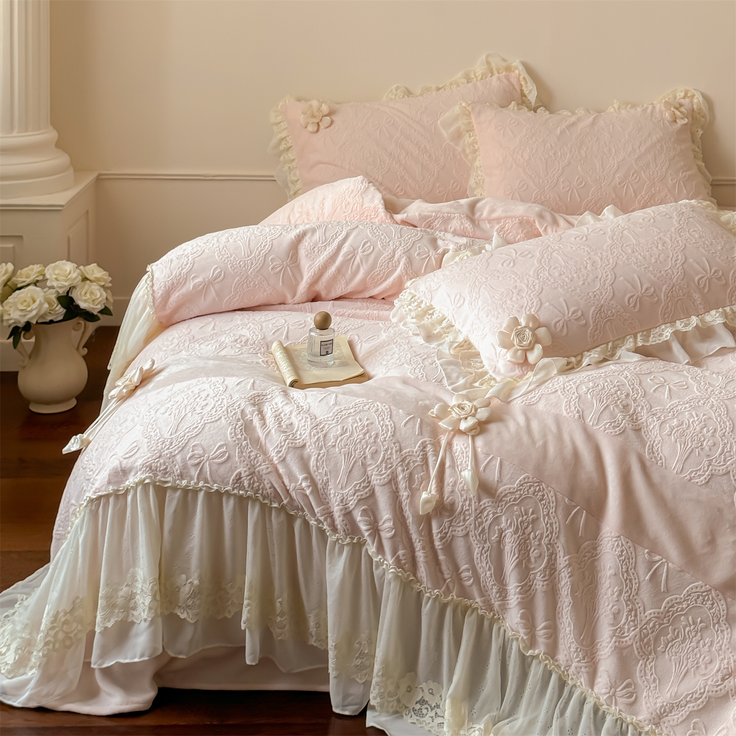 法式浪漫全消光加厚牛奶绒四件套韩版少女心蕾丝花边毛绒被套床品