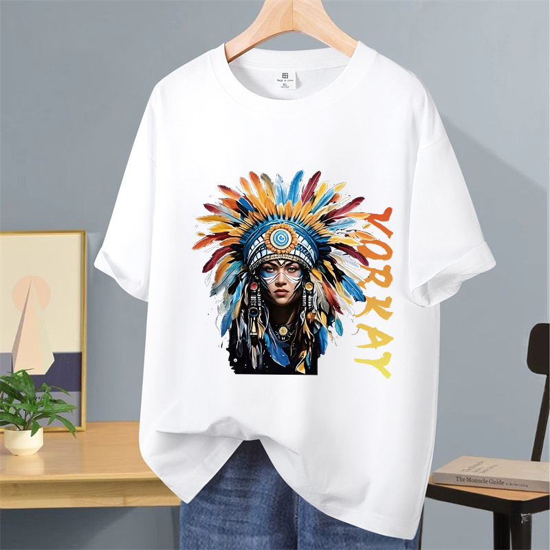 【印第安女】100%新疆棉 印花短袖 纯棉百搭打底衫吸汗透气圆领半袖