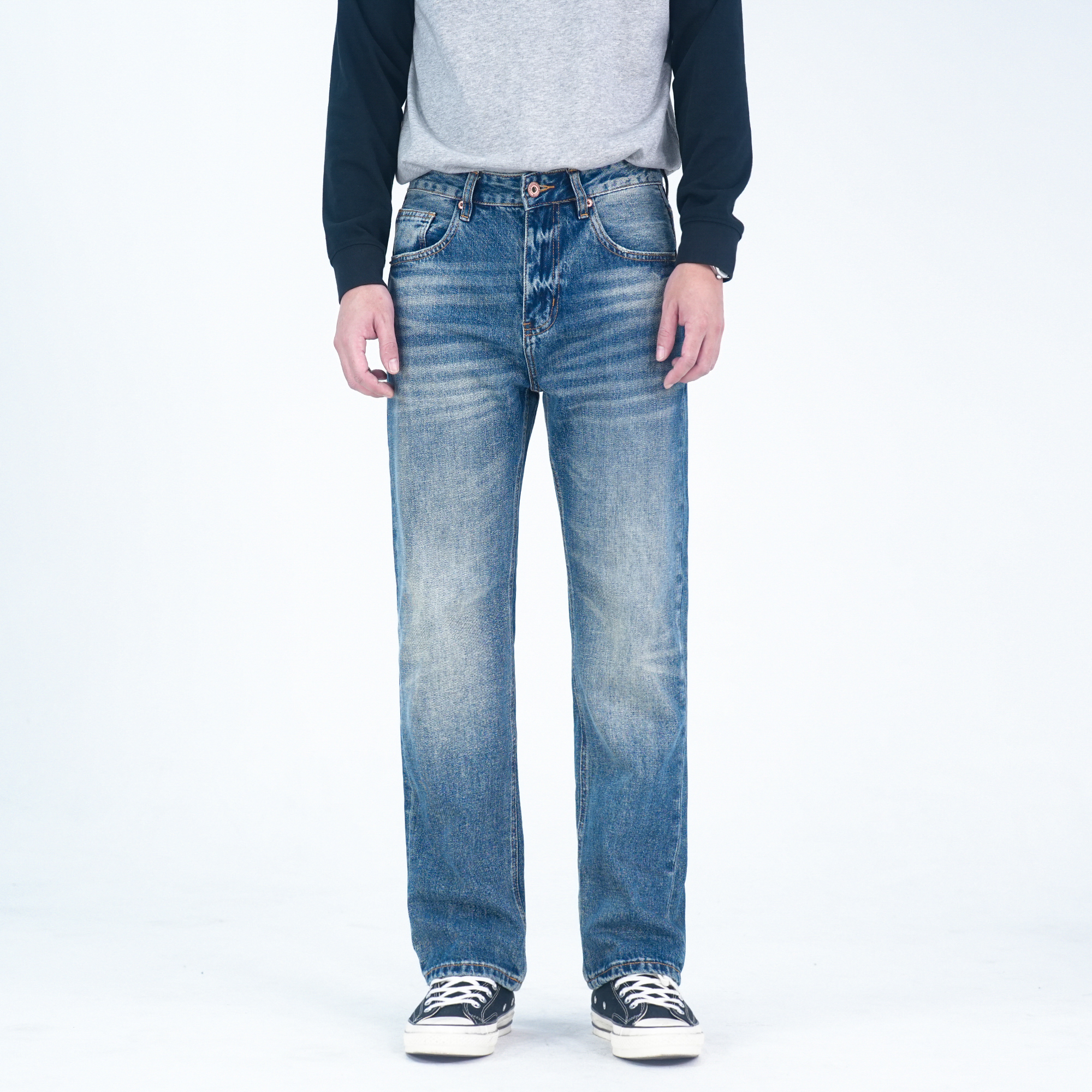 DIPAI/底牌秋冬加厚款深蓝色水洗休闲美式潮流宽松牛仔裤男士百搭