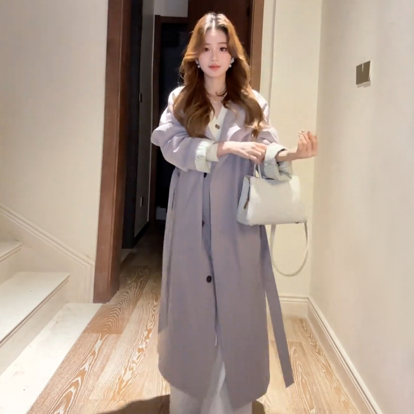 2025新款紫色中长款夹棉风衣时尚女秋冬季韩系感正肩加厚大衣