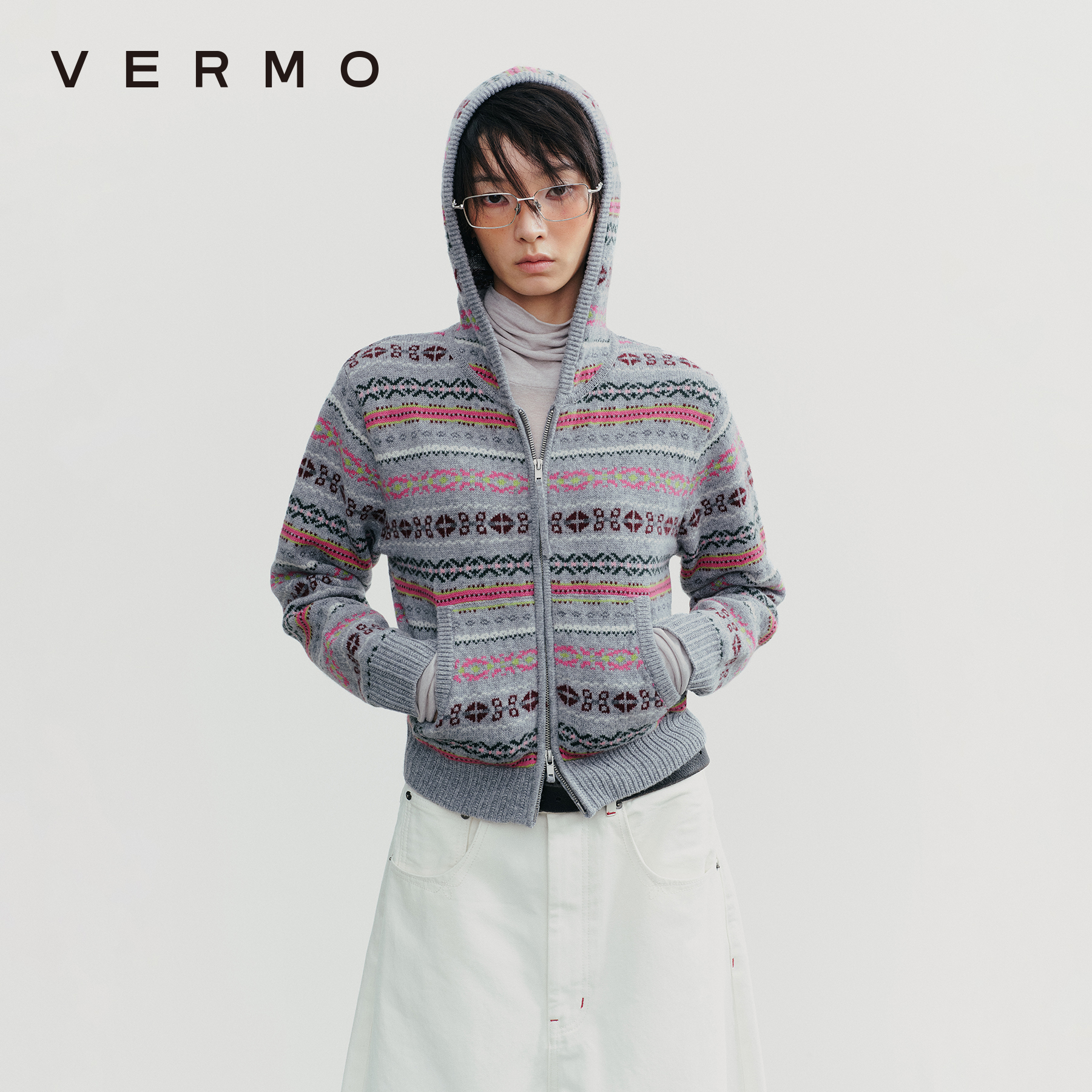 VERMO 柔软温暖复古费尔岛提花可叠穿绵羊毛连帽毛衣开衫0048
