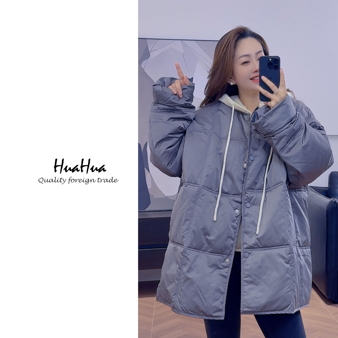 HUABJ 中长款圆领棉服宽松廓形外套2025年新款 BJ15705