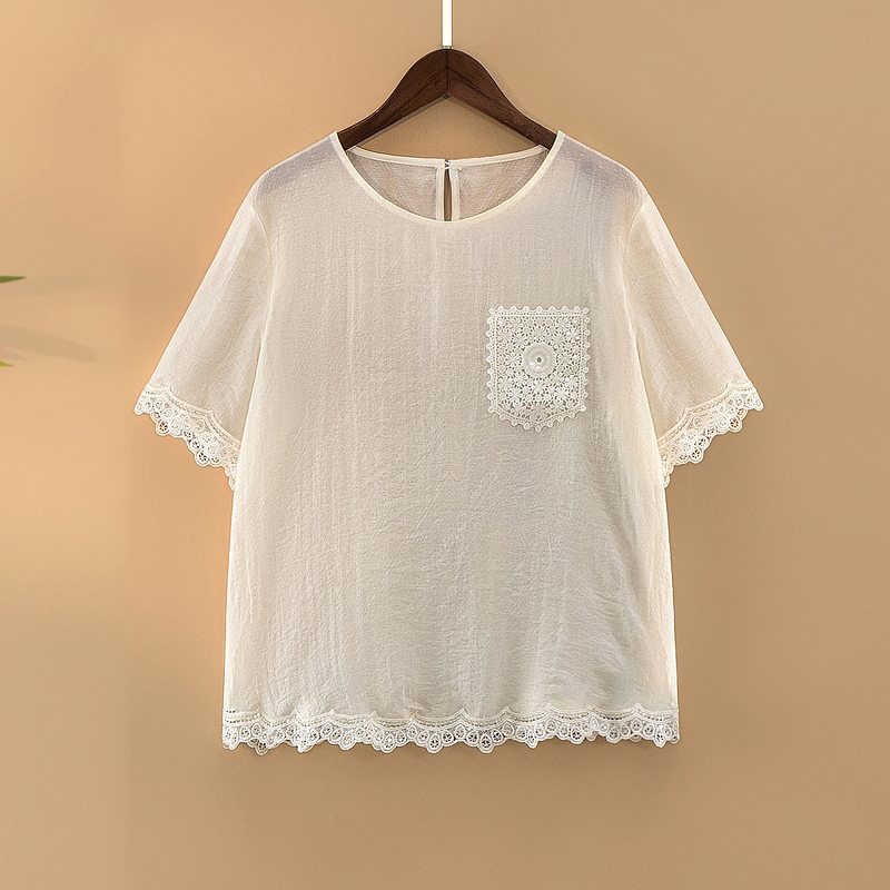 【素云】夏季2025新款上衣小衫女新中式国风蕾丝拼花气质短袖T恤衫