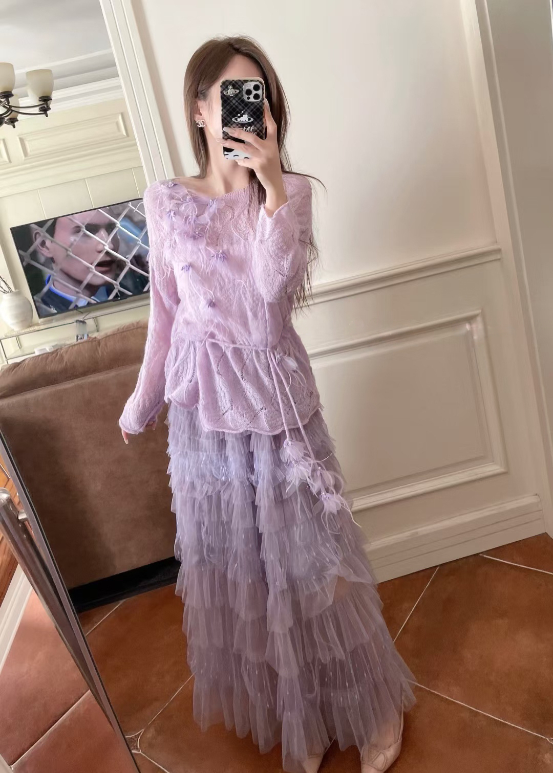 轻职风薄款长袖毛针织衫紫色显瘦轻奢洋气秋冬时尚