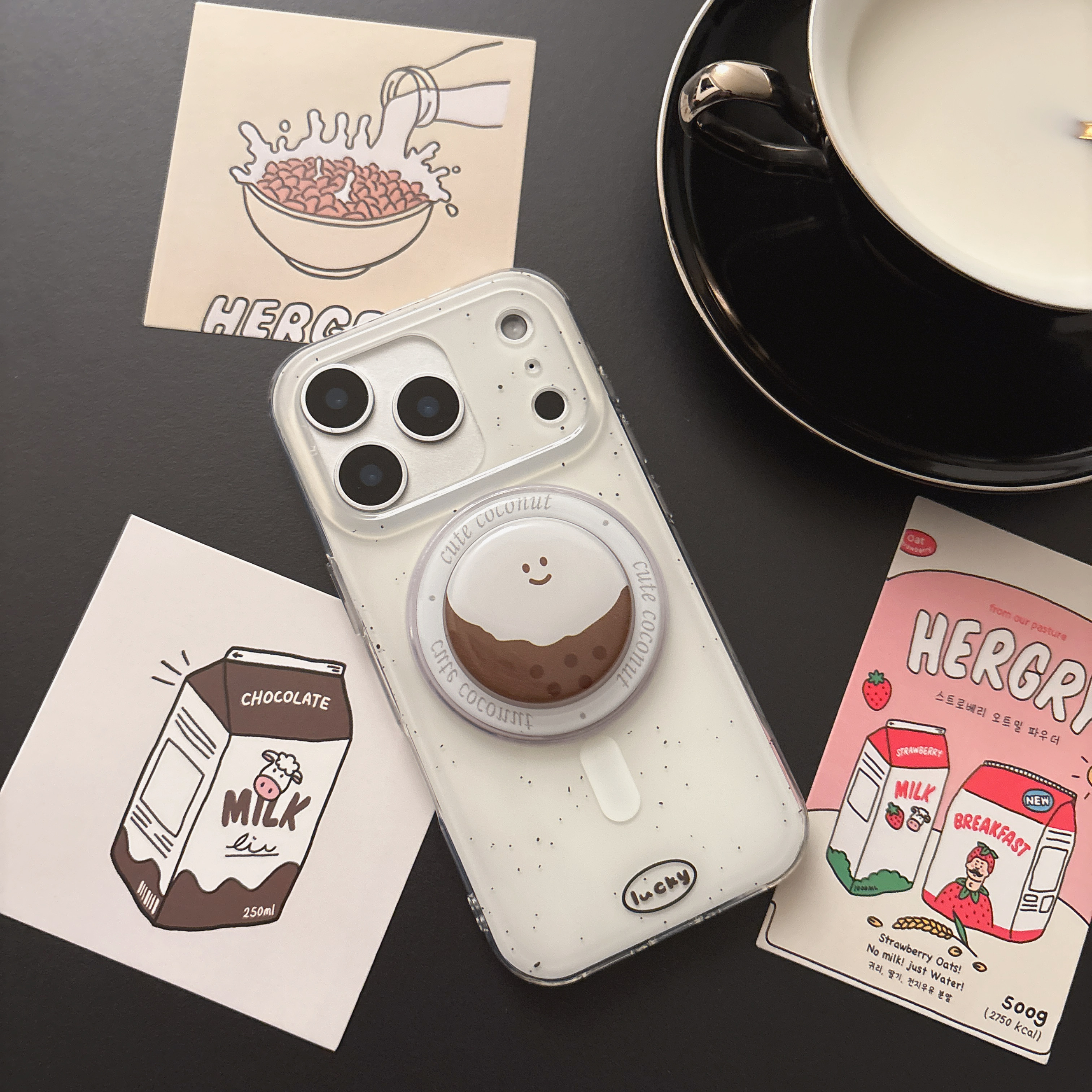 适用iPhone17Promax简约泼墨笑脸椰子蛋磁吸支架15苹果16手机壳