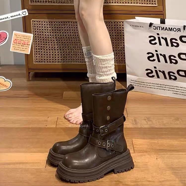 2025秋冬厚底两穿马丁靴女加绒厚底英伦风中筒骑士靴女美拉德靴子