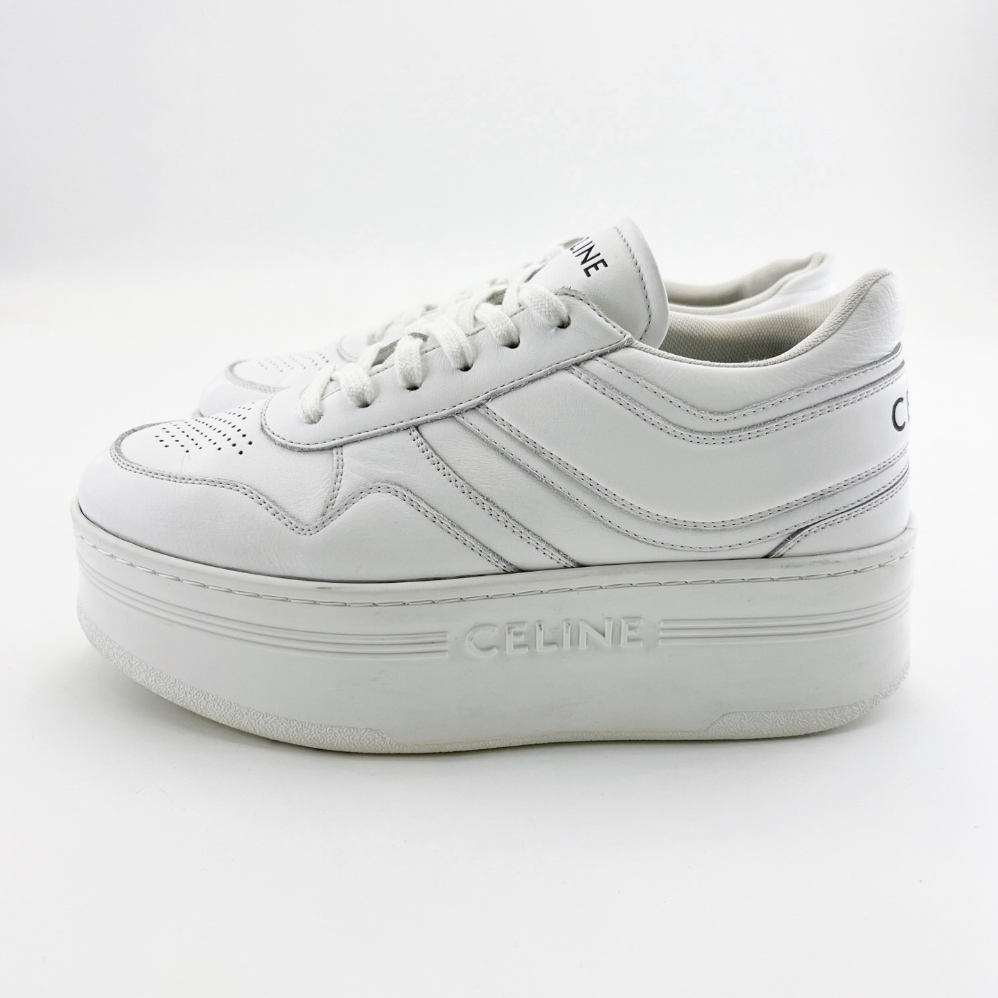 95新 Celine/思琳 37码/白色字母logo厚底小白鞋/15392174