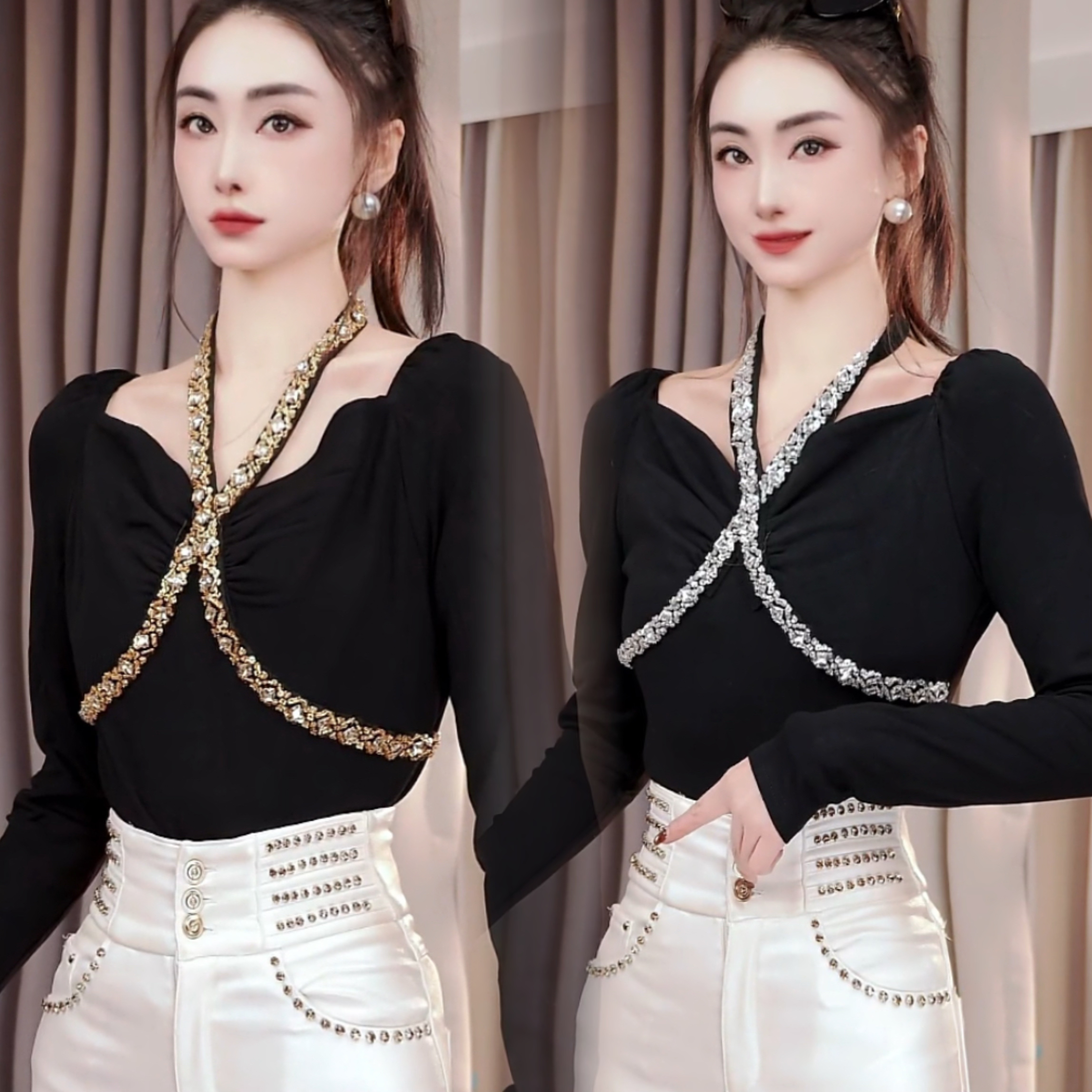 冬季磨毛绒挂脖亮钻露肩修身打底上衣