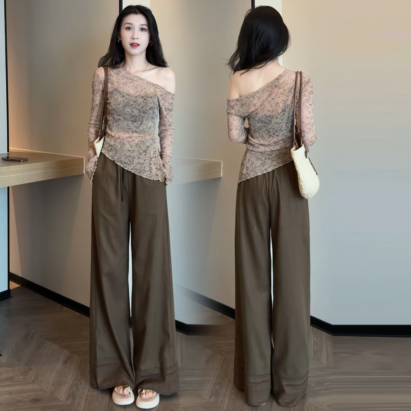 时尚套装女2025早秋新款时髦洋气不规则T恤上衣阔腿裤气质两件套