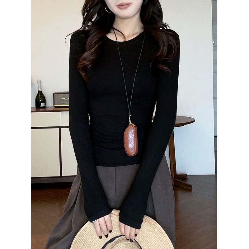 早秋新款黑色圆领长袖打底衫上衣女修身正肩纯色t恤百搭修身内搭