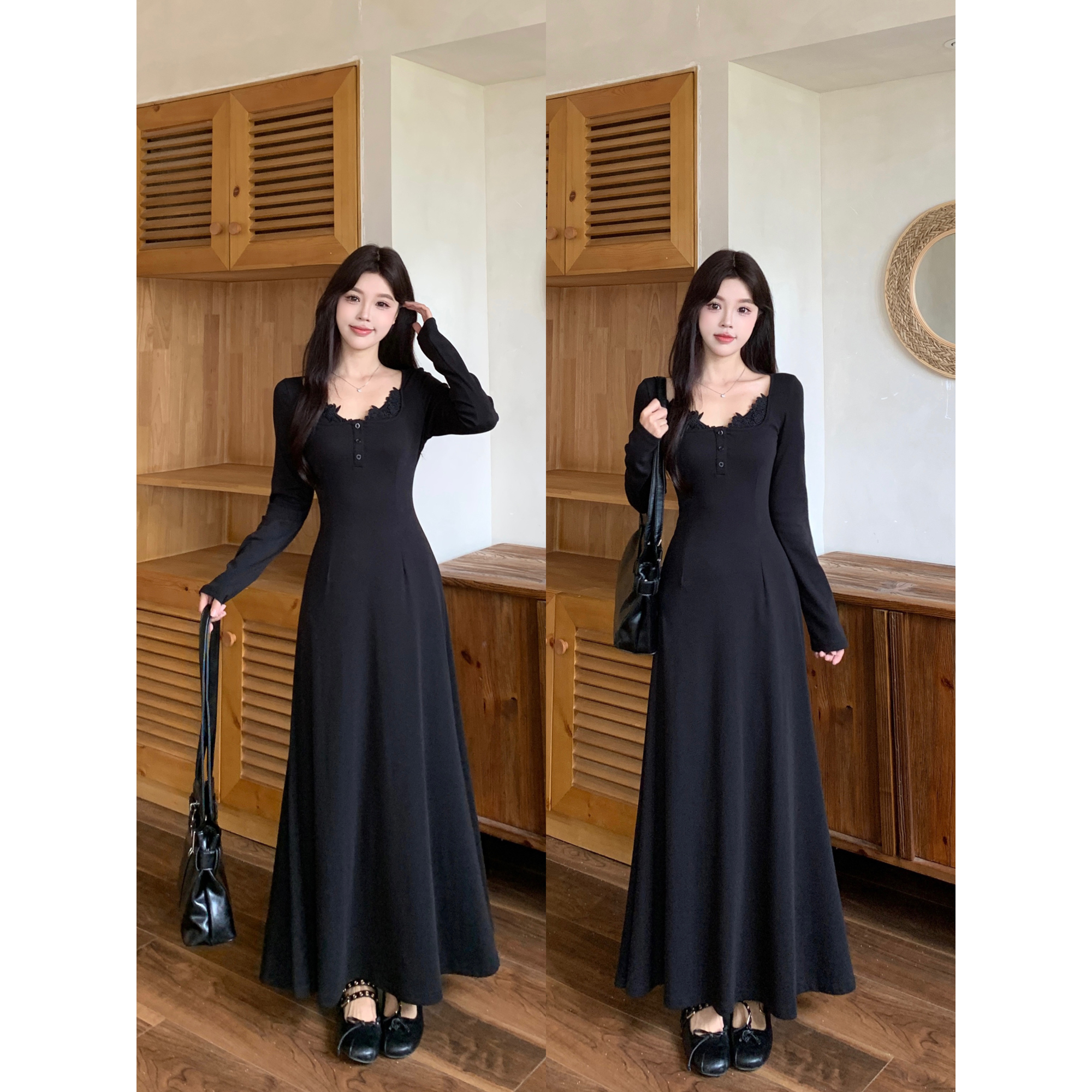 MO88ZSPF大码甜辣针织黑色长袖加绒连衣裙秋季内搭修身打底长裙子