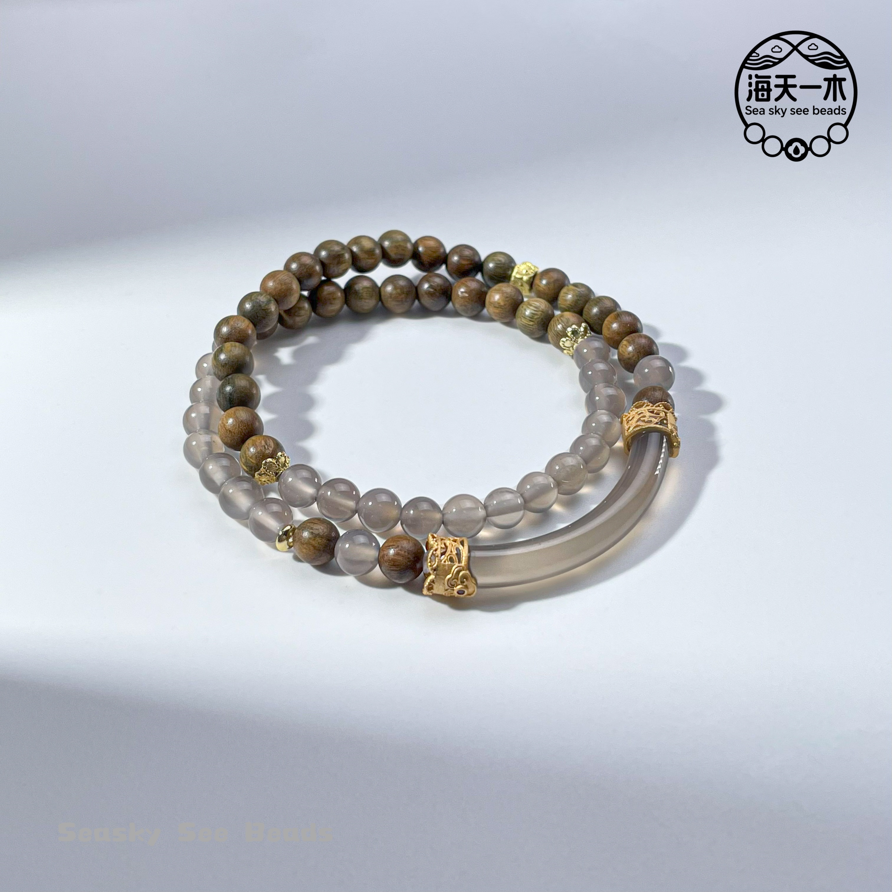 绿檀圆珠灰玛瑙半镯幕擎双圈6mm  FYS-A272