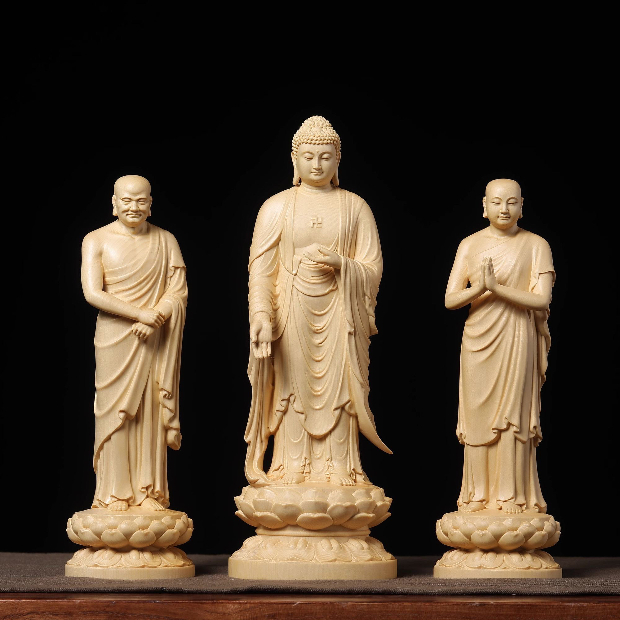 桧木材质木雕释迦牟尼佛像摆件阿难迦叶家用供台玄关工艺品家摆件