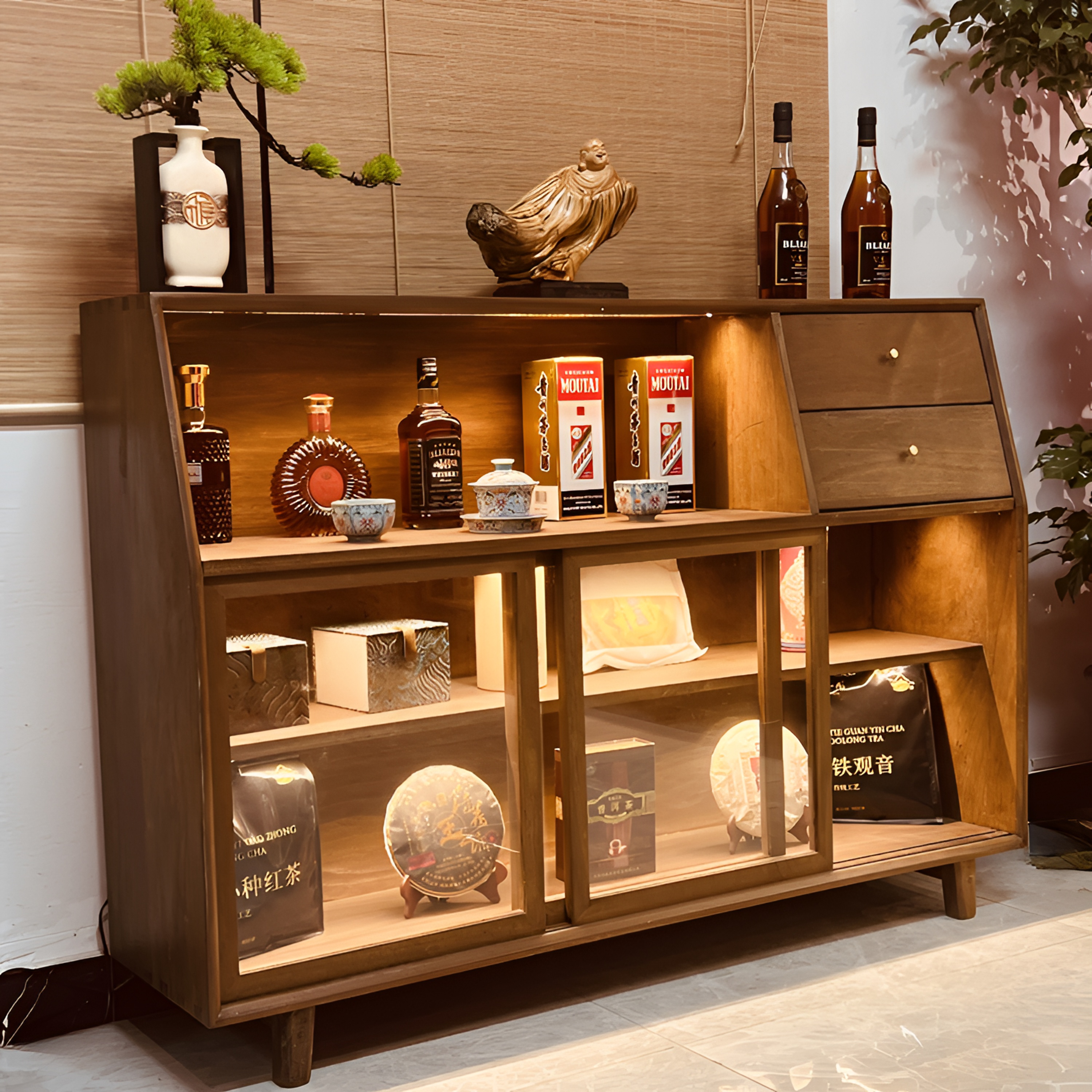 140*98茶舍木作老株木茶空间边柜中式轻奢实木茶叶茶具置物收纳柜