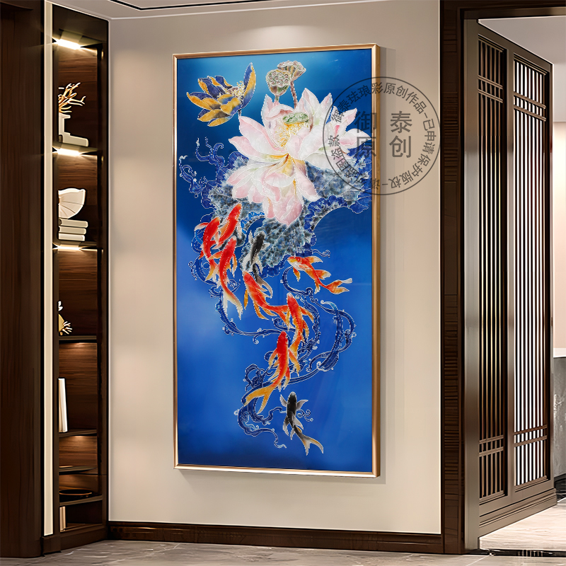 现代轻奢玄关画手绘珐琅彩高端装饰画九鱼荷花图新中式走廊入户画
