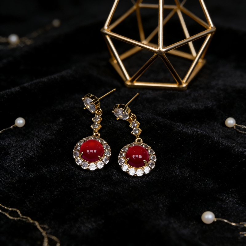 F47-天然  高端  大气   -时尚  红玉髓 圆蛋面耳钉（多样性发其一