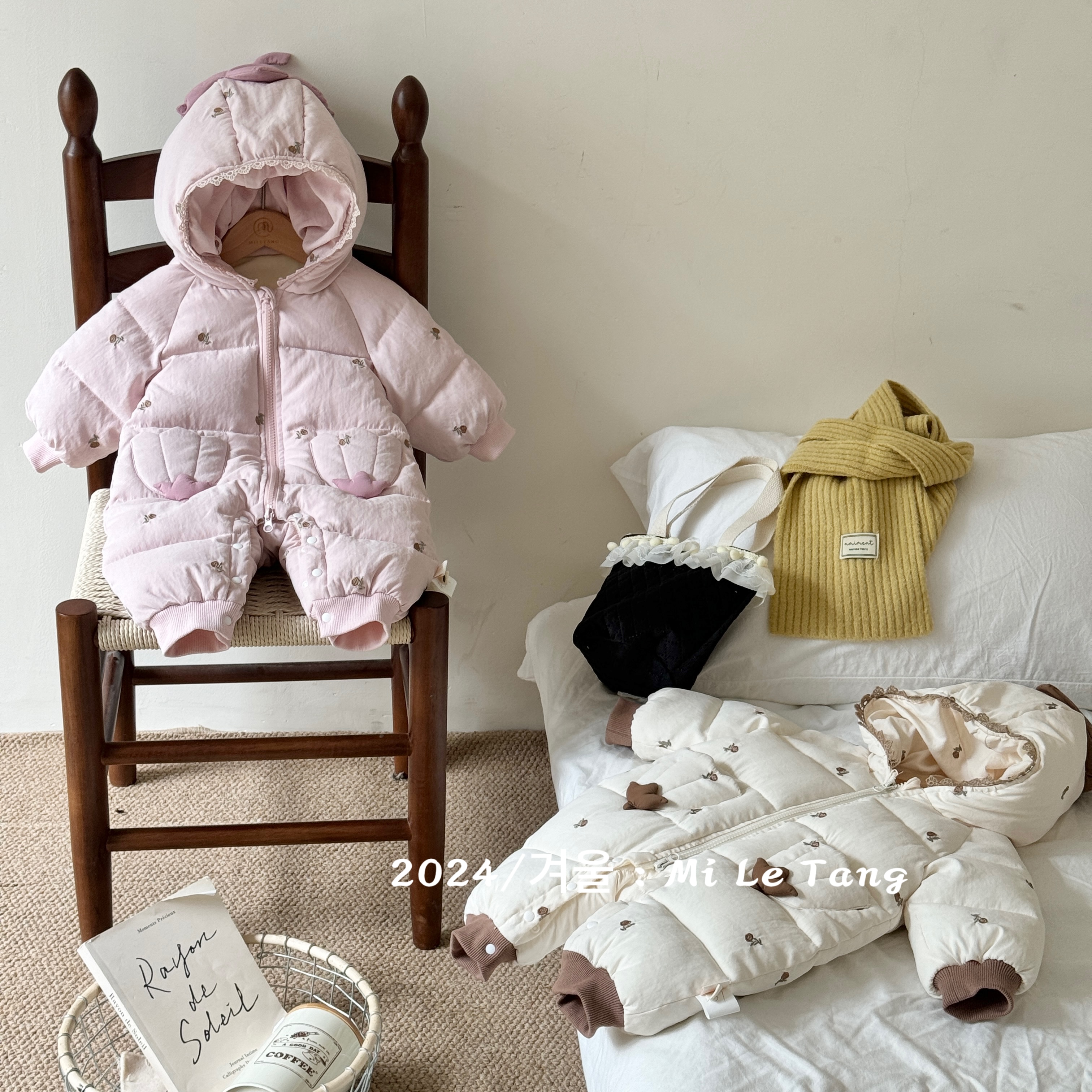 冬季婴幼儿连体羽绒服韩版米色花朵口袋刺绣玫瑰白鸭绒羽绒服2410