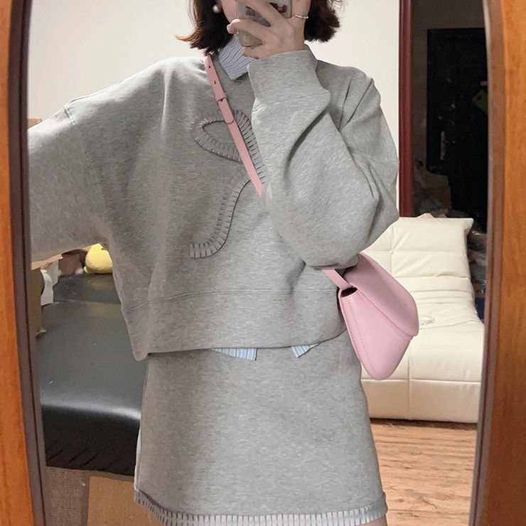 pinkmoon||短款长袖卫衣条纹衬衫花边半身裙女秋季新款时尚三件套