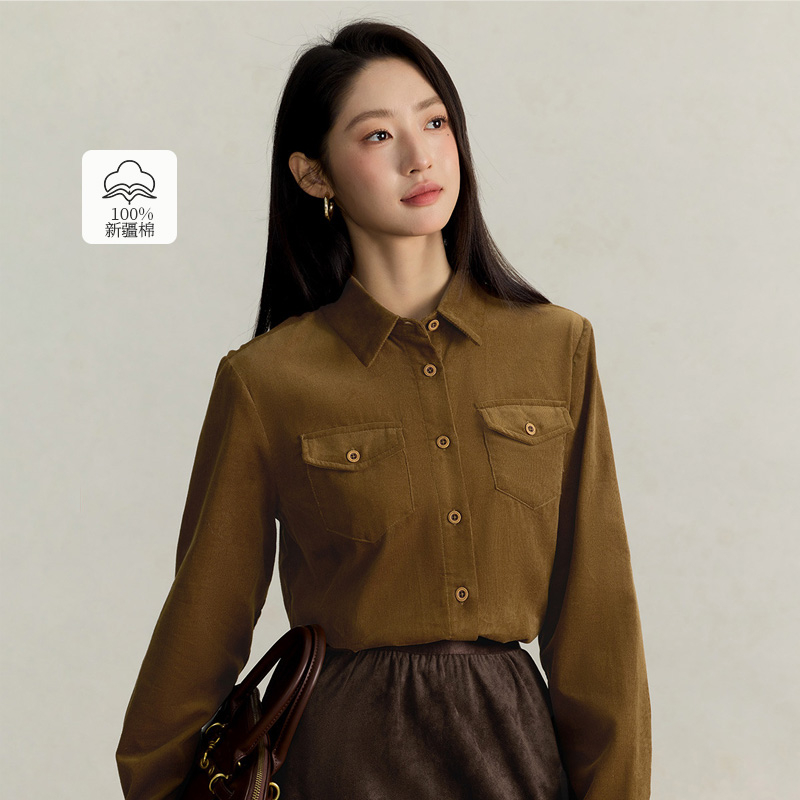 茵曼纯棉法式复古长袖衬衫女2025秋冬款通勤气质时尚灯芯绒衬衣