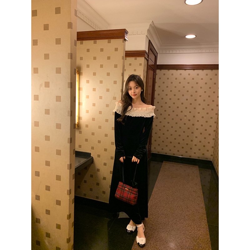 冬款法式年会礼服显瘦一字肩丝绒连衣裙F2723