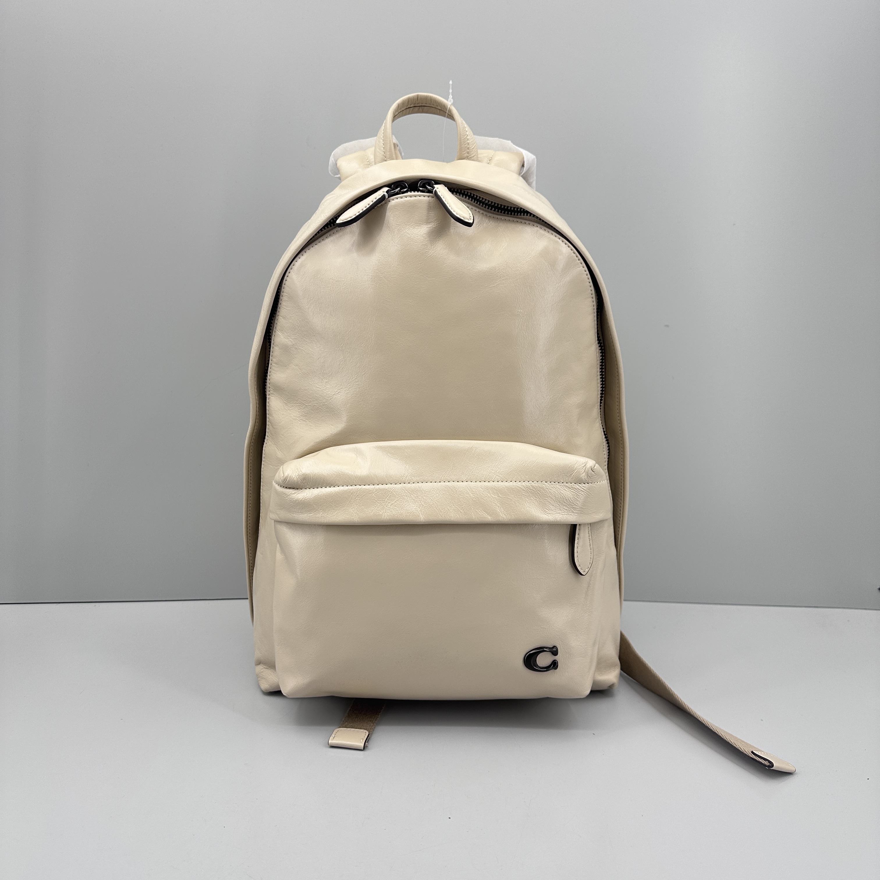 99新 COACH/蔻驰 米色油蜡皮双肩包29x42x11cmM040304
